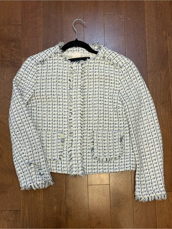 Zara Jackets & Blazers - Zara Cream & Light Blue Tweed Fringe-Trim Jacket
